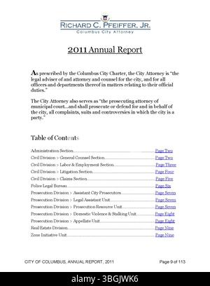 Questa parte del City of Columbus Annual Report 2011 copre le entrate e le spese della città, con i dati finanziari e i rapporti del Committee of Ways and Means, del City Clerk e del City Treasurer. Foto Stock