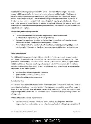 Questa pagina del rapporto annuale della città di Columbus 2010 presenta i dati finanziari relativi all'anno fiscale 2009, tra cui ricevute, spese e relazioni del Comitato delle vie e dei mezzi, del funzionario comunale e del Tesoriere della città. Foto Stock