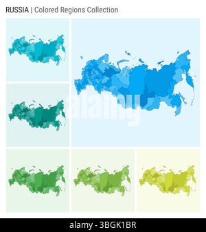 Collezione di mappe della Russia. Forma del paese con regioni colorate. Azzurro, ciano, verde, verde chiaro, tavolozze di colori lime. Illustrazione Vettoriale