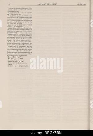 Questa sezione del Columbus City Bulletin del 1998, supervisionato dall'impiegato comunale, copre i procedimenti del consiglio comunale, ordinanze, risoluzioni, aggiornamenti del servizio pubblico e pubblicità per offerte e proposte cittadine. Foto Stock