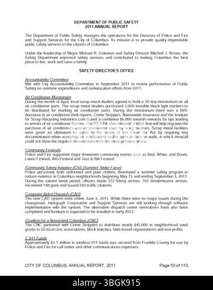 Il rapporto annuale 2011 della città di Columbus include registrazioni complete di entrate, spese, analisi del budget e relazioni dei comitati dei funzionari finanziari municipali. Foto Stock