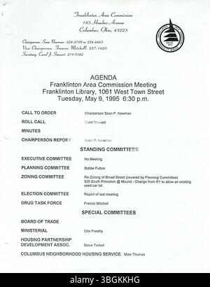 I verbali della riunione della commissione per la zona di Franklinton del 9 maggio 1995 documentano gli sforzi della Commissione per promuovere la comunicazione e la cooperazione tra i soggetti interessati della comunità, compresi i residenti e gli sviluppatori. Foto Stock