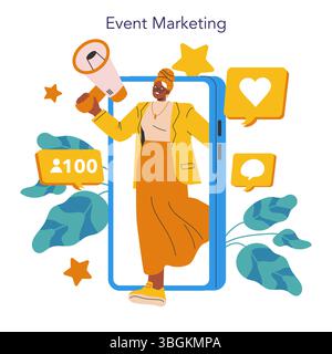 Illustrazione di marketing degli eventi che mette in evidenza una persona sicura che utilizza un megafono per promuovere il coinvolgimento. Visualizza l'interazione con i social media e la creazione di community per eventi di successo. Illustrazione vettoriale. Illustrazione Vettoriale