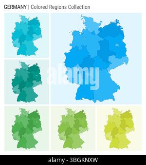 Raccolta mappe della Germania. Forma del paese con regioni colorate. Azzurro, ciano, verde, verde chiaro, tavolozze di colori lime. Illustrazione Vettoriale