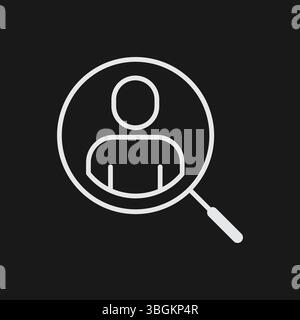 Lente di ingrandimento sulla persona, che rappresenta la ricerca del cliente o la ricerca dell'utente, icona contorno bianco Illustrazione Vettoriale