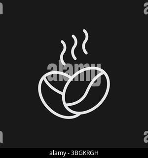Due chicchi di caffè fumanti su sfondo nero, che rappresentano il caffè appena tostato o l'icona Aroma, contorno bianco Illustrazione Vettoriale