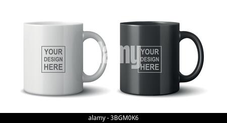 Set di tazze da caffè realistiche 3d vettoriali per Branding e Mockup. Collezione di tazze in ceramica bianche e nere per il design con logo. Tazza da caffè realistica per Illustrazione Vettoriale