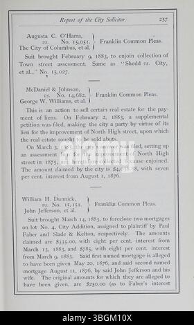 La pagina 231 illustra le attività del dipartimento della città di Columbus e una ripartizione finanziaria dei ricavi e delle spese per l'esercizio terminato nel marzo 1883. Foto Stock
