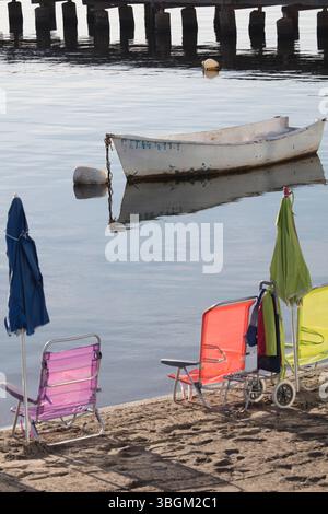Playa Barnuevo, molo, barche, IDLE, Santiago de la Ribera, Mar Menor, regione autonoma di Murcia, Spagna, Foto Stock