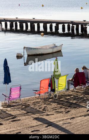 Playa Barnuevo, molo, barche, IDLE, Santiago de la Ribera, Mar Menor, regione autonoma di Murcia, Spagna, Foto Stock