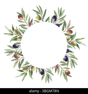 Cornice rotonda con rami di ulivo acquerelli e frutta. Illustrazione botanica dipinta a mano. Modello per inviti di nozze, biglietti d'auguri, confezioni. Foto Stock