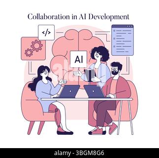 Le donne che collaborano allo sviluppo dell'intelligenza artificiale si impegnano in discussioni sulla tecnologia innovativa e sulla programmazione. Condividono idee utilizzando notebook, mostrando lavoro di squadra e creatività in uno spazio di lavoro moderno. Illustrazione Vettoriale