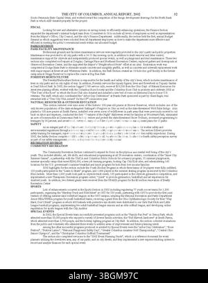 Questa parte del rapporto annuale della città di Columbus del 2002 include ricevute e spese, relazioni del Comitato delle vie e dei mezzi, dell'impiegato della città e del Tesoriere della città, garantendo una contabilità fiscale dettagliata per la città. Foto Stock