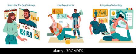 Set Personal Trainer. Sessioni individuali online, allenamenti moderni e monitoraggio degli allenamenti. Tablet e schermi supportano esercizi di forza, formazione flessibile e consigli sportivi professionali. Illustrazione vettoriale. Illustrazione Vettoriale