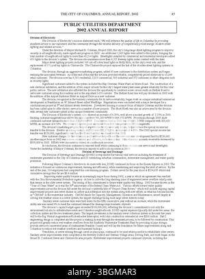 Il rapporto annuale della città di Columbus 2002 delinea le entrate e le spese per l'anno. Include relazioni del Comitato delle vie e dei mezzi, del City Clerk e del Tesoriere della città, che descrivono le attività finanziarie della città. Foto Stock
