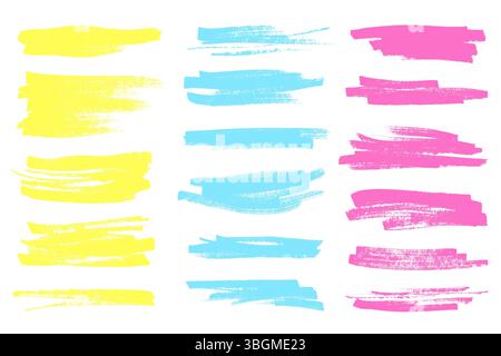 Linee di demarcazione indelebili per sottolineatura ed evidenziazione. Raccolta di pennarelli gialli e rosa. Linee ruvide disegnate a mano Illustrazione Vettoriale