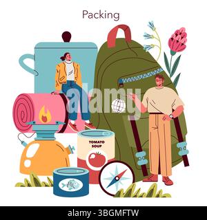 Illustrazione dell'equipaggiamento da viaggio per avventure, con zaini, articoli da campeggio e oggetti essenziali per l'esterno. Illustrazione Vettoriale