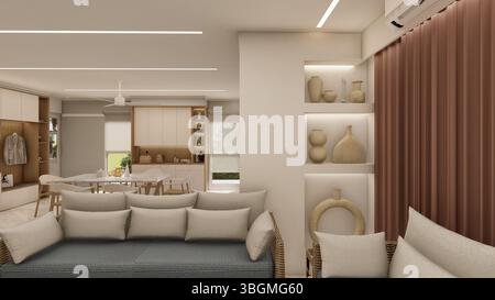 Soggiorno contemporaneo con divano chiaro e arredi in legno naturale Foto Stock