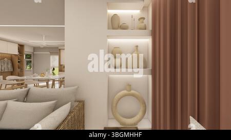 Nicchia in stile wabi Sabi di uno spazio abitativo con decorazione di vasi in ceramica Foto Stock