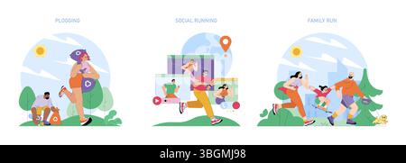 World Running Day. Plogging, social running e gestione familiare uniscono persone di tutte le età all'aperto, si prendono cura dell'ambiente, si allenano insieme e si connettono a livello globale. Illustrazione vettoriale. Illustrazione Vettoriale