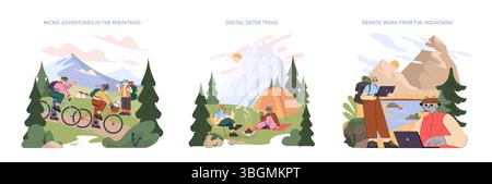 Set per il turismo di montagna. Gli appassionati di attività all'aria aperta esplorano i sentieri di montagna in bicicletta, si rilassano nelle avventure di trekking detox digitale e si godono le ambientazioni di lavoro a distanza nei tranquilli laghi con paesaggi montani panoramici. Illustrazione vettoriale. Illustrazione Vettoriale
