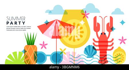 Vacanze estive, sfondo geometrico con aragosta, ombrello, vino, cocktail, limone e ananas. Illustrazione piatta vettoriale. Parte spiaggia Illustrazione Vettoriale
