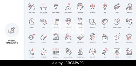 Strategia di marketing digitale, imbuto di vendita e magnete del pubblico nel set di icone della linea dei social media. SEO e analisi del segmento clienti influenzano l'illustrazione vettoriale dei simboli sottili di contorno nero e rosso Illustrazione Vettoriale