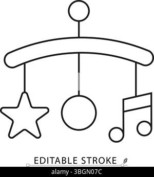 Icona della giostrina per bambini con contorno nero minimale con stella, palla e note musicali su sfondo bianco. Vettore ictus modificabile per il giocattolo infantile Illustrazione Vettoriale
