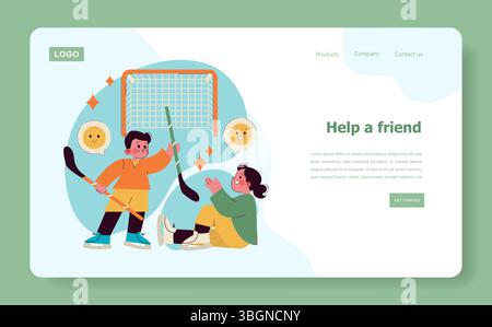 Sport in età prescolare con bambini che giocano a hockey in un'atmosfera divertente e coinvolgente. L'illustrazione enfatizza il lavoro di squadra, l'amicizia e l'incoraggiamento nelle attività fisiche. Illustrazione vettoriale. Illustrazione Vettoriale