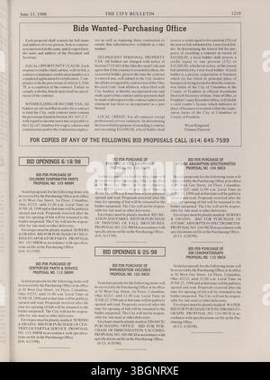 Questa parte del Columbus City Bulletin del 1998 descrive ordinanze, risoluzioni, procedure del consiglio comunale, pubblicità per le offerte e aggiornamenti del servizio pubblico, supervisionati dall'impiegato cittadino. Foto Stock
