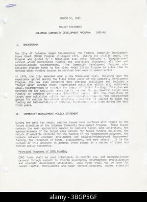 I verbali della Commissione della zona di Franklinton del 1983 documentano la funzione di collegamento della Commissione che collega i gruppi di quartiere, i proprietari di immobili, i residenti, gli imprenditori e i funzionari della città per coordinare lo sviluppo della comunità. Foto Stock