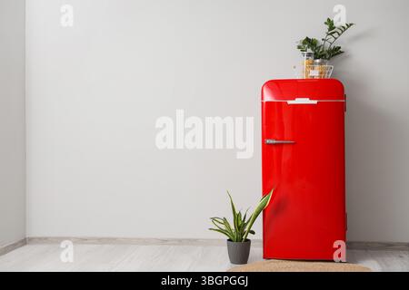 Frigorifero rosso e piante d'appartamento vicino alla parete bianca in camera Foto Stock