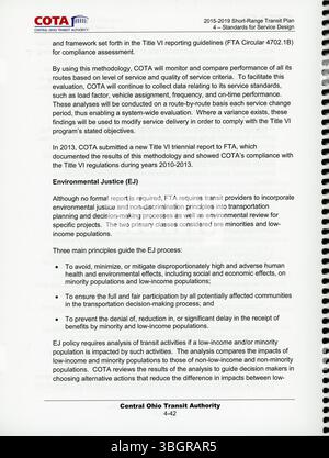 Il piano di transito a corto raggio del 2015-2019 di COTA contiene raccomandazioni per colmare le attuali lacune di servizio nel sistema di transito dell'Ohio centrale e propone strategie di finanziamento e miglioramento dei servizi per soddisfare le esigenze regionali. Foto Stock
