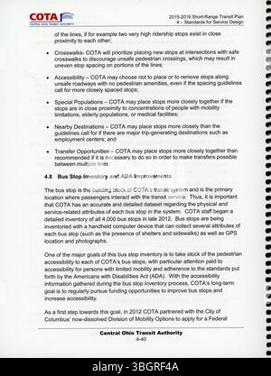 Il piano di transito a corto raggio 2015-2019 di COTA offre strategie dettagliate per migliorare la rete di transito nell’Ohio centrale, tra cui l’individuazione delle attuali debolezze del sistema e la proposta di opzioni di finanziamento per l’espansione. Foto Stock