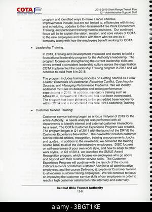 Il piano di transito a corto raggio 2015-2019 di COTA valuta il mercato di transito dell'Ohio centrale, inclusi la capacità del sistema, i futuri miglioramenti del servizio e i requisiti di finanziamento. L'SRTP offre raccomandazioni per un'infrastruttura di transito sostenibile e politiche per rispondere alle crescenti esigenze di trasporto della regione. Foto Stock