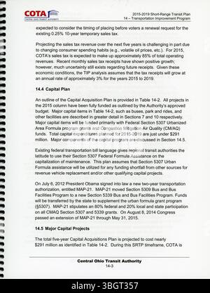 Il piano di transito a corto raggio 2015-2019 di COTA valuta le operazioni di transito correnti e delinea i futuri miglioramenti dei servizi, le strategie di finanziamento e la priorità delle spese per supportare il sistema di trasporto dell'Ohio centrale. Foto Stock