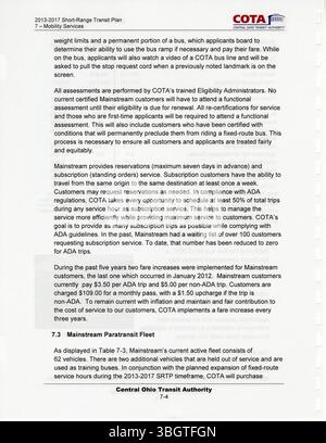 Il piano di transito a corto raggio COTA 2013-2017 si concentra sull'attuazione di strategie volte a migliorare l'efficienza dei servizi di trasporto pubblico nell'Ohio centrale. Gli elementi chiave includono l'espansione della copertura di transito e la risposta alle esigenze di trasporto della regione con investimenti strategici. Foto Stock