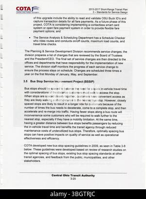Questa sezione del piano di transito a corto raggio COTA 2013-2017 delinea le strategie critiche per migliorare i servizi di transito, tra cui miglioramenti all'efficienza delle rotte, aree di servizio ampliate e investimenti in infrastrutture per un sistema di transito più sostenibile nell'Ohio centrale. Foto Stock