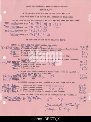 I 1987 minuti documentano gli sforzi della Franklinton area Commission per connettere residenti, proprietari di immobili, sviluppatori e funzionari della città nella pianificazione della comunità. Foto Stock