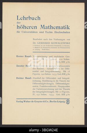 Circa 1933 annunci pubblicitari stampati da Verlag Walter de Gruyter & Co. Che mostrano offerte di libri accademici in diversi campi di studio. Foto Stock