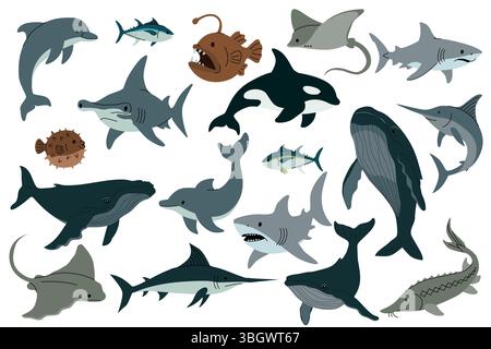 Illustrazione vettoriale piatta di vari animali marini, tra cui squali, delfini, balene, pastinache, pesci spada, pesce palla e rana pescatrice su bianco Illustrazione Vettoriale