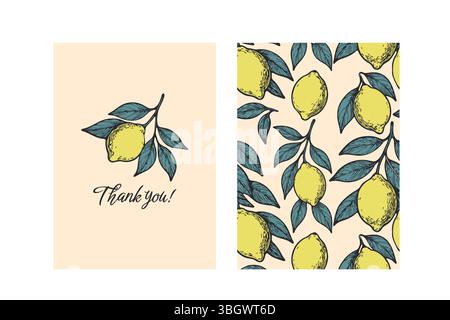 Luminoso set di carte di ringraziamento con limoni disegnati a mano e foglie di tè su sfondo rosa. Allegro, fresco e perfetto per i saluti estivi o la cartoleria Illustrazione Vettoriale