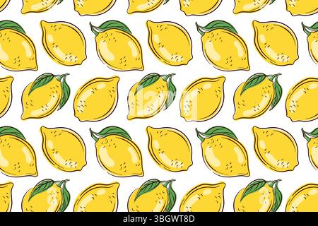 Limoni senza cuciture con frutta gialla intera e foglia verde su sfondo bianco in stile piatto. Perfetto per il design estivo, tessuti da cucina Illustrazione Vettoriale