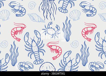 Giocoso schema marino senza cuciture con creature marine disegnate a mano, tra cui aragoste, granchi, gamberi, meduse, e conchiglie in blu e rosso su una luce Illustrazione Vettoriale