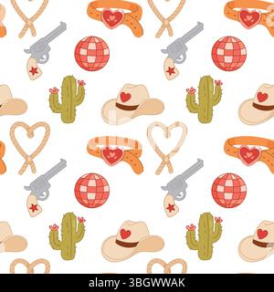 Motivo western senza cuciture con elementi da cowgirl. Ideale per sfondi, stampe e divertenti feste western di colore rosa. Illustrazione Vettoriale
