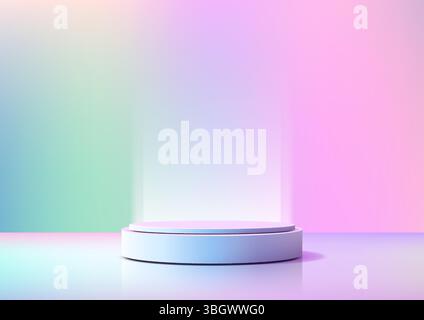 Paesaggio da sogno pastello con luce soffusa, podio blu rotondo viola 3D su una superficie riflettente con un rilassante gradiente rosa di menta lavanda, mockup prodotto Illustrazione Vettoriale