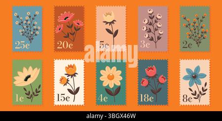 Set di francobolli con fiori retrò e illustrazioni vettoriali piatte di vari tagli. Illustrazione Vettoriale