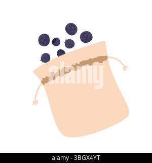 Sacchetto in tessuto riutilizzabile riempito di mirtilli freschi. Illustrazione minimale in stile piatto che mostra lo smaltimento zero dei rifiuti, lo stoccaggio dei prodotti ecocompatibili e. Illustrazione Vettoriale