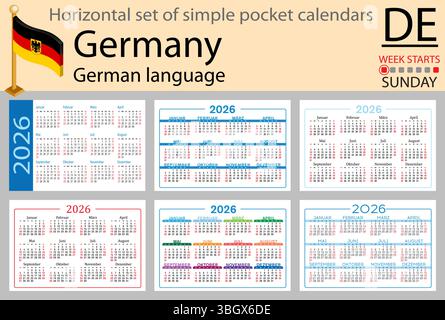 Lingua tedesca. Germania serie orizzontale di calendari tascabili per il 2026 (duemilaventisei). La settimana inizia domenica. Anno nuovo. Design semplice a colori. VEC Illustrazione Vettoriale