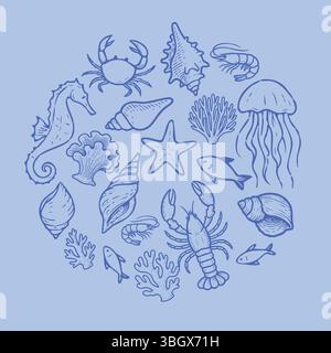 Collezione di creature marine e conchiglie disegnate a mano disposte in una composizione circolare. Set di doodle nautici in tonalità blu, perfetto per il tema dell'oceano Illustrazione Vettoriale